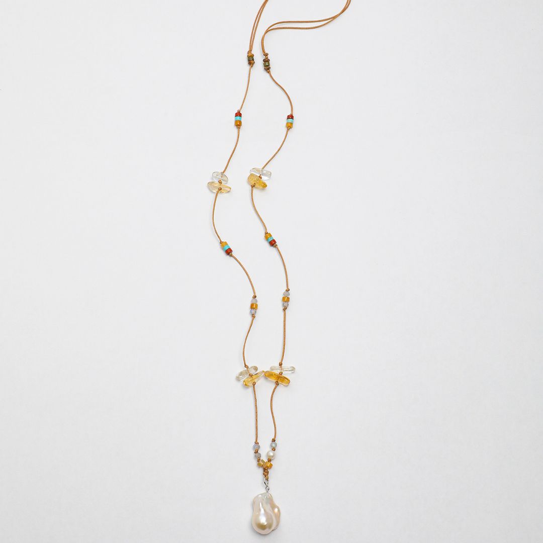 Orbit Cascade — Baroque Pearl & Gemstone Long Necklace, 80 cm
