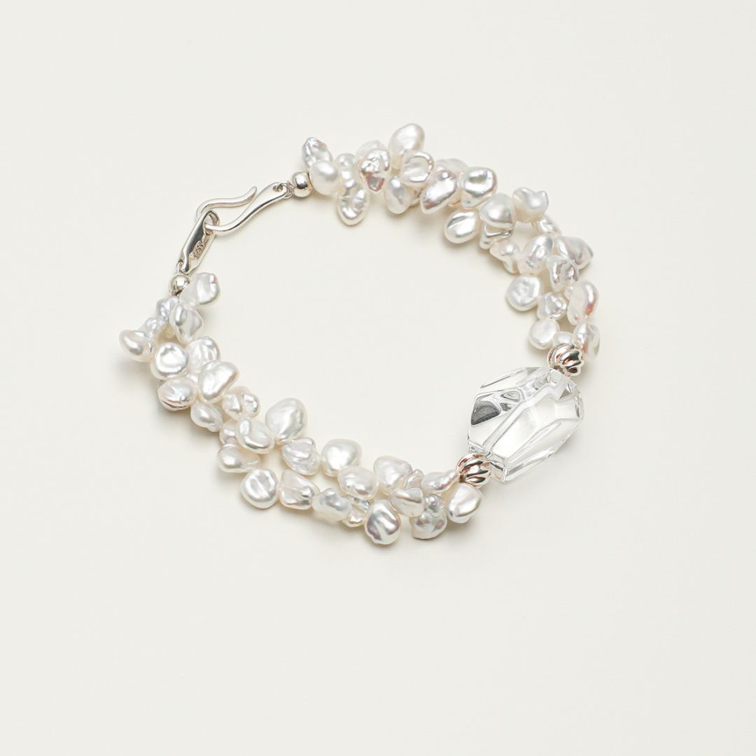Petal Drift — Baroque Pearl & Clear Quartz Bracelet