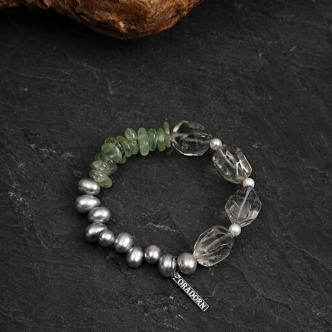 Sage Mist — Green Crystal & Grey Pearl Bracelet
