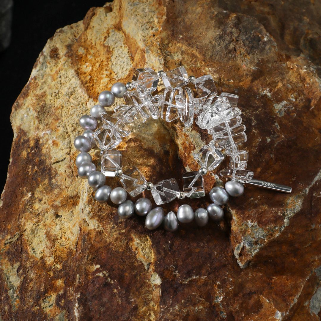 Silver Frost — Clear Quartz & Grey Pearl Bracelet