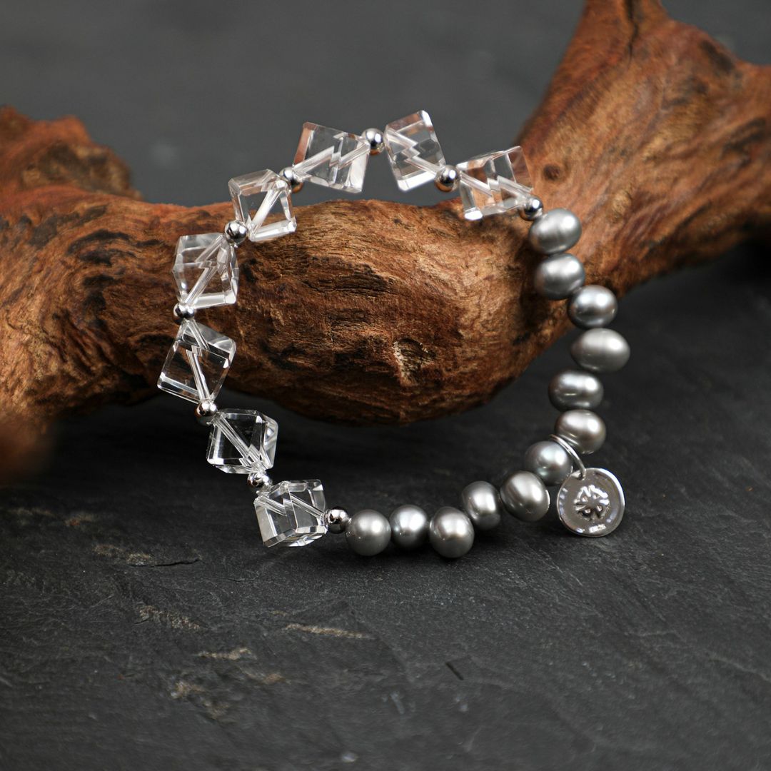 Silver Prism — Clear Quartz & Grey Pearl Bracelet