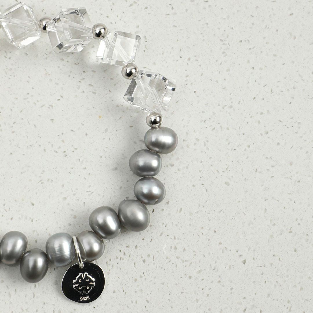 Silver Prism — Clear Quartz & Grey Pearl Bracelet