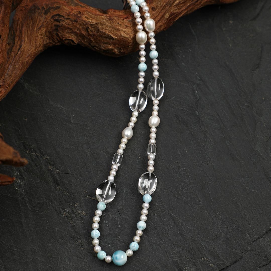 Tidal Gleam — Larimar, Pearl & Clear Quartz Necklace