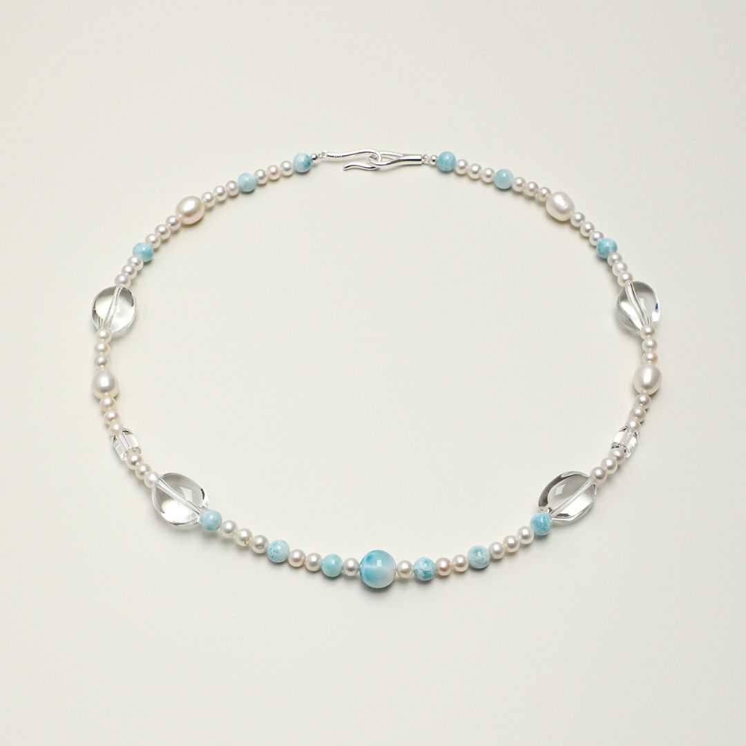 Tidal Gleam — Larimar, Pearl & Clear Quartz Necklace