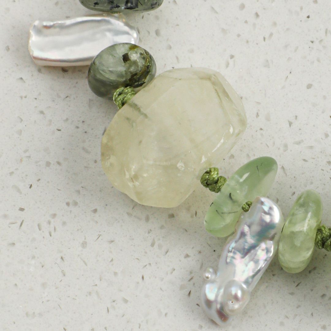 Verdant Drift — Prehnite, Citrine & Baroque Pearl Bracelet