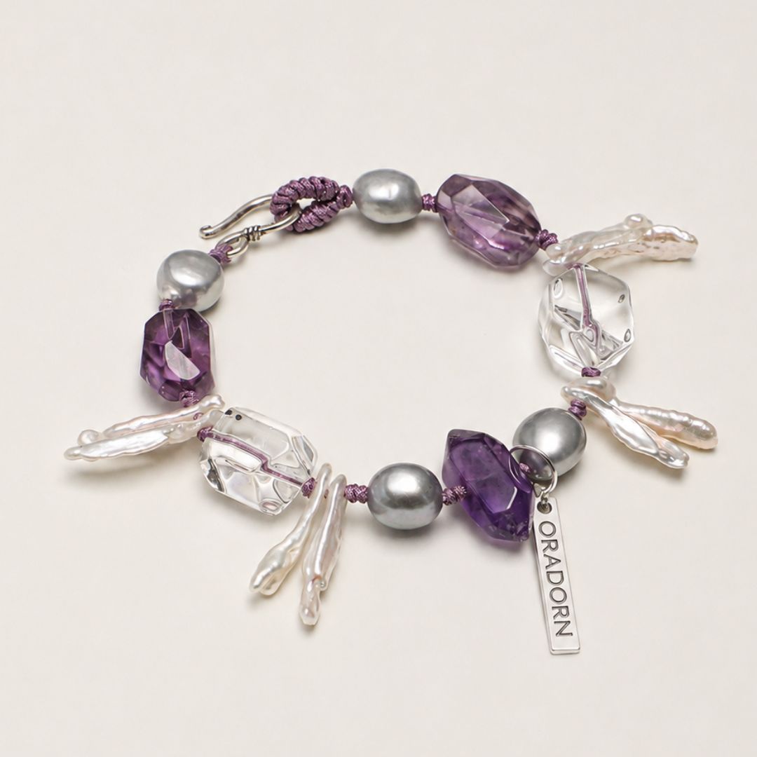 Violet Current — Amethyst, Clear Quartz & Pearl Bracelet